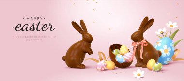 3d Easter banner with chocolate rabbits and beautiful painted eggs. Concept of Easter egg hunt or egg decorating art. clipart