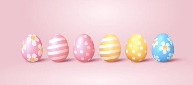 Güzel desenli bir Paskalya yumurtası. Pembe arka planda izole edilmiş 3D tatil unsurları.