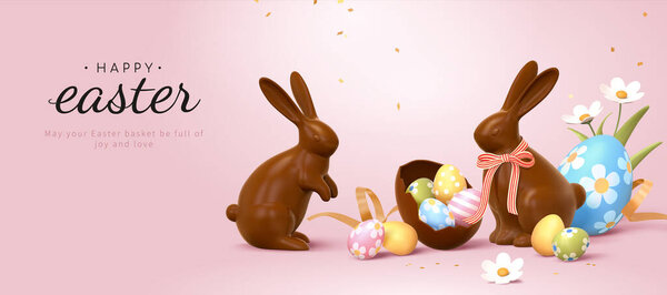3d Easter banner with chocolate rabbits and beautiful painted eggs. Concept of Easter egg hunt or egg decorating art.