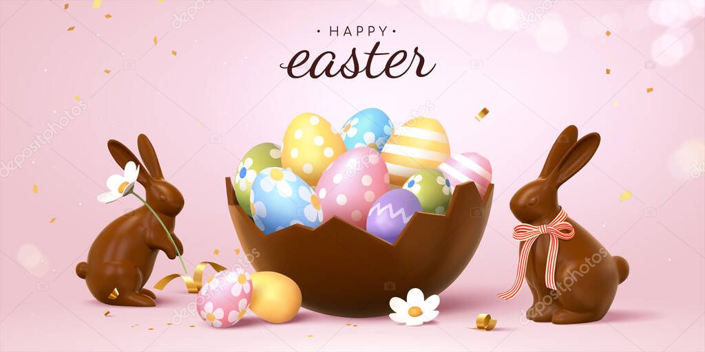 3d Easter banner with beautiful painted eggs in broken chocolate eggshell. Concept of Easter egg hunt or surprise gifts.