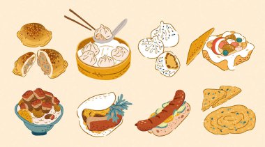 Karalama dizaynında Tayvan sokak yemeği koleksiyonu, karabiber, xiao long bao, tavada kızartılmış çörek, tabut ekmeği, pilav, gua bao, yapışkan pirinçli sosis ve soğanlı turta da dahil olmak üzere..