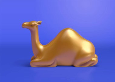 Oturan metal devenin üç boyutlu çizimi. Mavi arka planda izole edilmiş, çöl turizmi veya Arap bayramı dekorasyonu için uygun bir hayvan oyuncağı..
