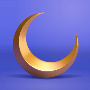 Altın Hilal 'in 3D çizimi. Mavi arka planda izole edilmiş element, İslam dini, sihir ya da gece vakti için uygun..