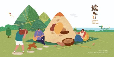 Ejderha teknesi festivali afişi. Genç Asyalılar pirinç köftesi pikniğinin keyfini çıkarırken, dev sarılı zongzi de bir kenara bırakıldı. Duanwu tatil ismi Çince yazılmış.