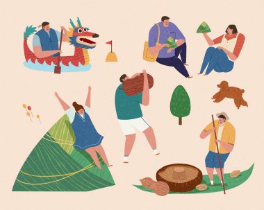 Mutlu Asyalı genç insanlar Duanwu aktivitelerinin keyfini çıkarıyorlar. Ejderha teknesi festivali için uygun kişi seti.