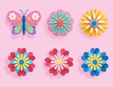 Renkli origami çiçeği ve kelebek seti. Kağıt katlama tarzında tasarlanmış, pembe arkaplanda izole edilmiş botanik ögesi.