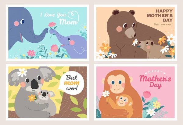 Lovely Animals Celebrate Mother Day Children Elephant Bear Koala Monkey — Stock Vector