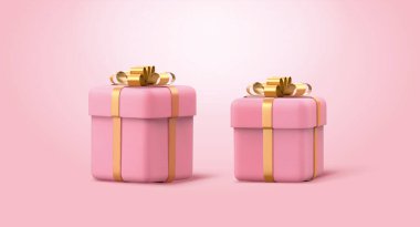 Altın saten kurdeleli pembe hediye kutularının üç boyutlu çizimi. Pembe arkaplanda izole edilmiş elementler.