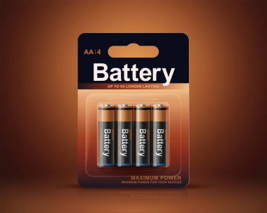 3d AA or AAA battery package design. Batteries in transparent blister pack mock up. Package element isolated on copper background. clipart