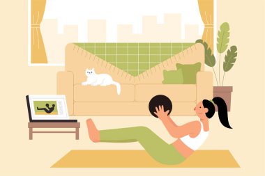 Özel ders videolarındaki eğitim talimatlarını takip eden ve evde tıp topu ile egzersiz yapan genç bir kadın..