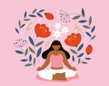 Çiçek arkaplanı üzerinde meditasyon yapan Afrikalı bir kadının düz çizimi. Meditasyon ve farkındalık kavramı.