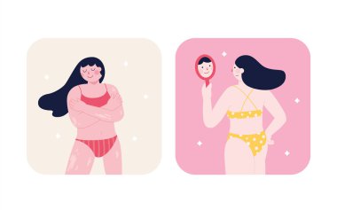 Woman with vitiligo embraces her body, while another woman with freckles looks in mirror, flat illustration. Love your body and world vitiligo day concept. clipart