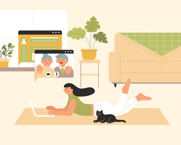 Плоская Иллюстрация Женщины Имеющей Онлайн Видеозвонок Родителями Ноутбуке Дома — стоковый вектор