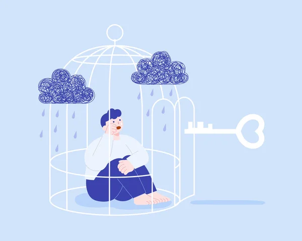 Illustration Plate Homme Pleurant Assis Dans Cage Avec Clé Extérieur — Image vectorielle