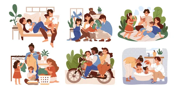 Ilustración Estilo Plano Madre Padre Cuidando Sus Hijos Juntos Concepto — Archivo Imágenes Vectoriales