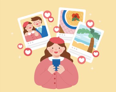 Cep telefonu kullanan bir kızın düz çizimi. Genç kadın sosyal medya hesabından fotoğraflarına veya video günlüklerine bakıyor.