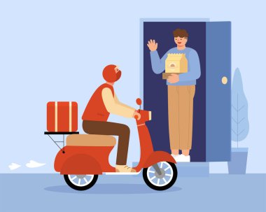 Covid karantina sırasındaki yemek teslimatının düz bir çizimi. Genç adam kapıda duruyor ve kuryenin gelmesini bekliyor..