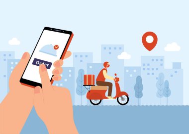 Çevrimiçi yiyecek ya da market teslimat servisi. Telefonda yemek siparişi veren birinin resmi ve şehirde bir kurye scooter kullanıyor..