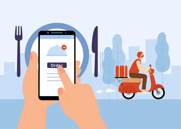 网上食品或食品递送服务 在城市里 一个通过电话订购食物的人和一个信使正在骑摩托车的图片 — 图库矢量图片