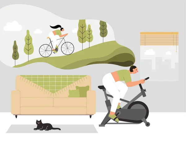 Mujer Está Haciendo Ejercicio Ciclismo Casa Pensando Que Está Montando — Vector de stock