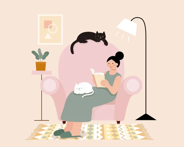 Иллюстрация Плоском Стиле Изображающая Женщину Сидящую Большом Кресле Читающую Книгу — стоковый вектор
