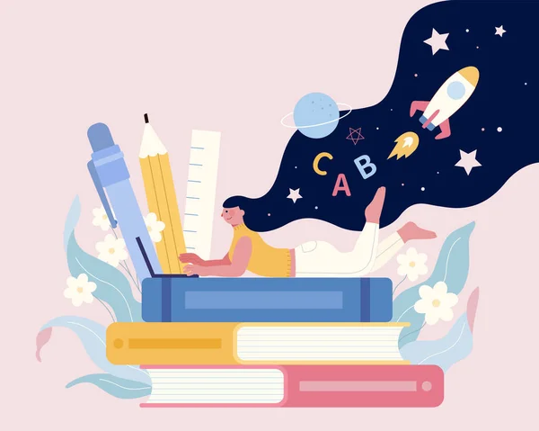 网上教育概念的平面图解 女孩躺在堆积如山的书架上 用笔记本电脑 脑子里闪烁着创新的念头 — 图库矢量图片