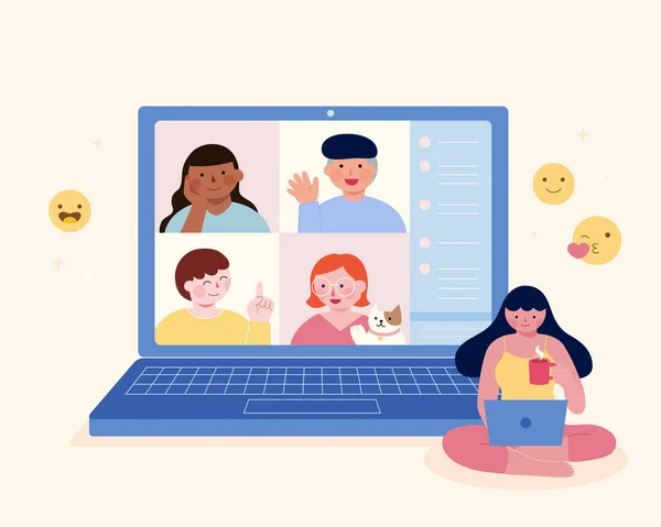 Flat Illustration Young Woman Having Video Chat Friends Laptop Emojis — Stock Vector