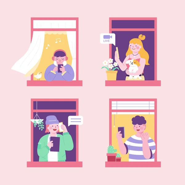 Ilustración Plana Apartamento Con Personas Ventanas Abiertas Concepto Uso Diario — Vector de stock