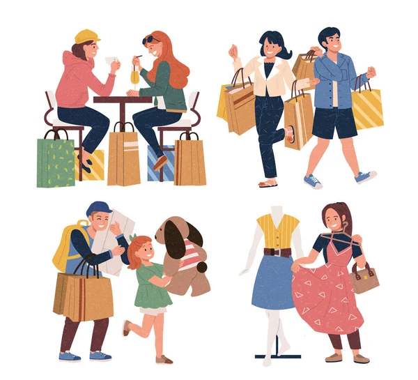 Ensemble Illustration Plat Différents Groupes Personnes Faisant Shopping Dans Centre — Image vectorielle