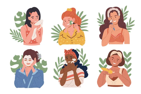 Ilustraciones Planas Mujeres Multiétnicas Haciendo Rutina Diaria Cuidado Facial — Archivo Imágenes Vectoriales