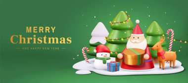 Mutlu Noeller ve mutlu yeni yıl afişleri. Noel Baba hediye kutusunu tutuyor ve tatlı kardan adam ve ren geyikleriyle karlı bir ormanda duruyor..