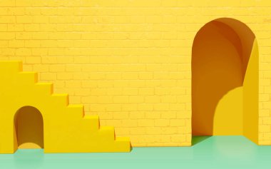 Sarı tuğla duvar, kemer ve merdivenlerin 3D modayı takip eden sahne tasarımı. Ürün görüntüleme için uygun yaratıcı arkaplan.