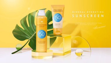 Tropikal yaprak, kristal toplar ve yuvarlak plakalarla süslenmiş cam ekran podyumunda 3D güneş kremi modeli. Tüm yaz ürünleri için uygun güzel sahne tasarımı.