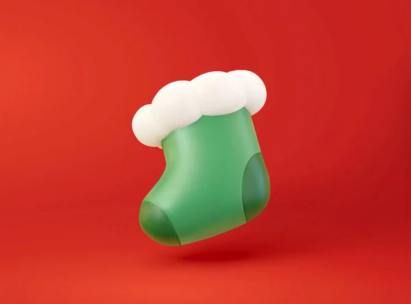 Kırmızı Arka Planda Izole Edilmiş Yeşil Noel Çorabı Boyutlu Illüstrasyon — Stok Vektör