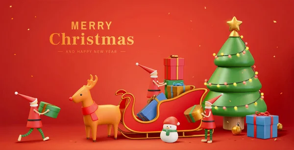 Noel Baba 'nın kızağına hediye koyan sevimli Noel Elfleri' nin 3D Xmas afişi. Kardan adam ve Noel ağacıyla süslenmiş..