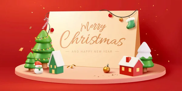 3D Noel afişi Mutlu Noeller kartı, Noel ağacı, kardan adam ve küçük bir köy sahnenin etrafında.