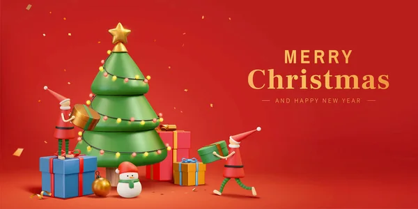 3D圣诞和新年大旗 圣诞老人精灵们把礼物放在一棵漂亮的圣诞树下 — 图库矢量图片