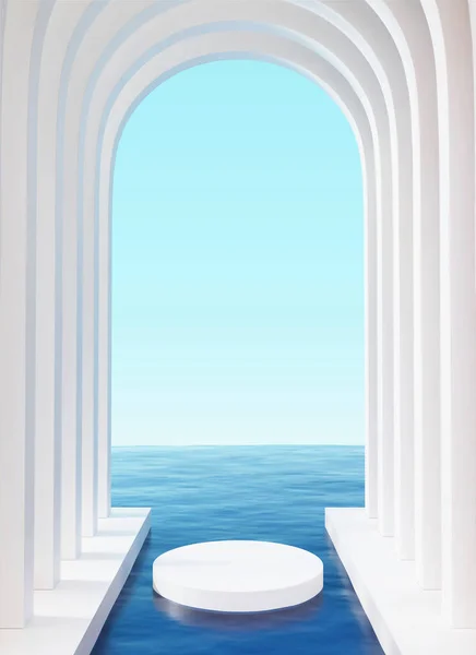 青い海の真ん中に豪華な白い大理石のアーチ回廊と3Dシュールなシーンデザイン 製品表示に適しています — ストックベクタ