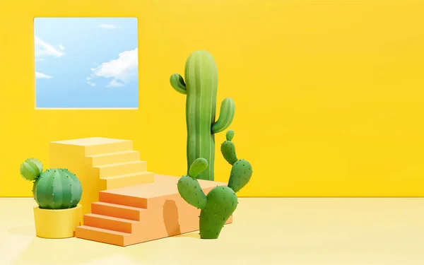 Minimális Sárga Jelenet Design Lépcső Színpadon Kaktusz Edények Háttér Alkalmas — Stock Vector