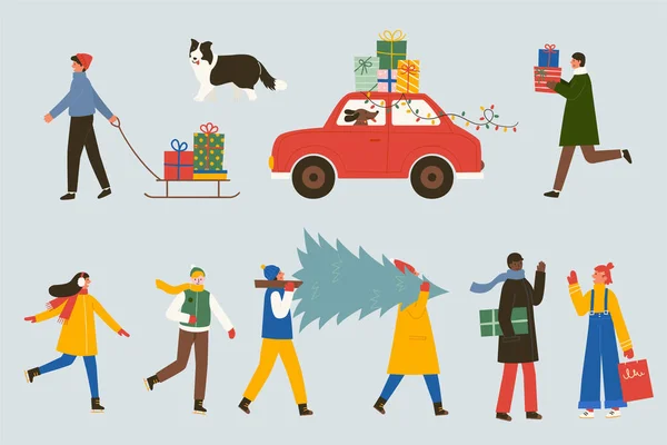 Collecte Personnes Faisant Différentes Activités Avant Pendant Noël Set Illustration — Image vectorielle