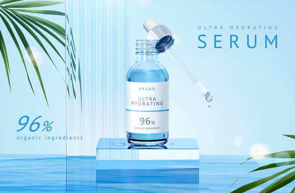 3d минимальная сцена отображения продукта для сыворотки, сущности или эфирного масла. Бутылка капельницы стоит на подиуме стеклянного куба посреди воды. Подходит для органических или увлажняющих продуктов по уходу за кожей.