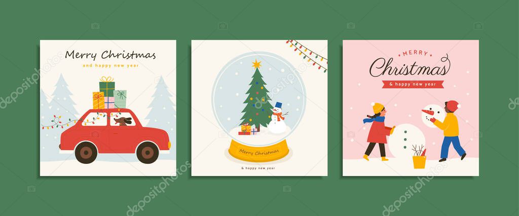 Set of Christmas card templates on green background. Flat illustration of road trip, Christmas tree in snow globe, and kids making a snowman. Suitable for invitation and greeting card.