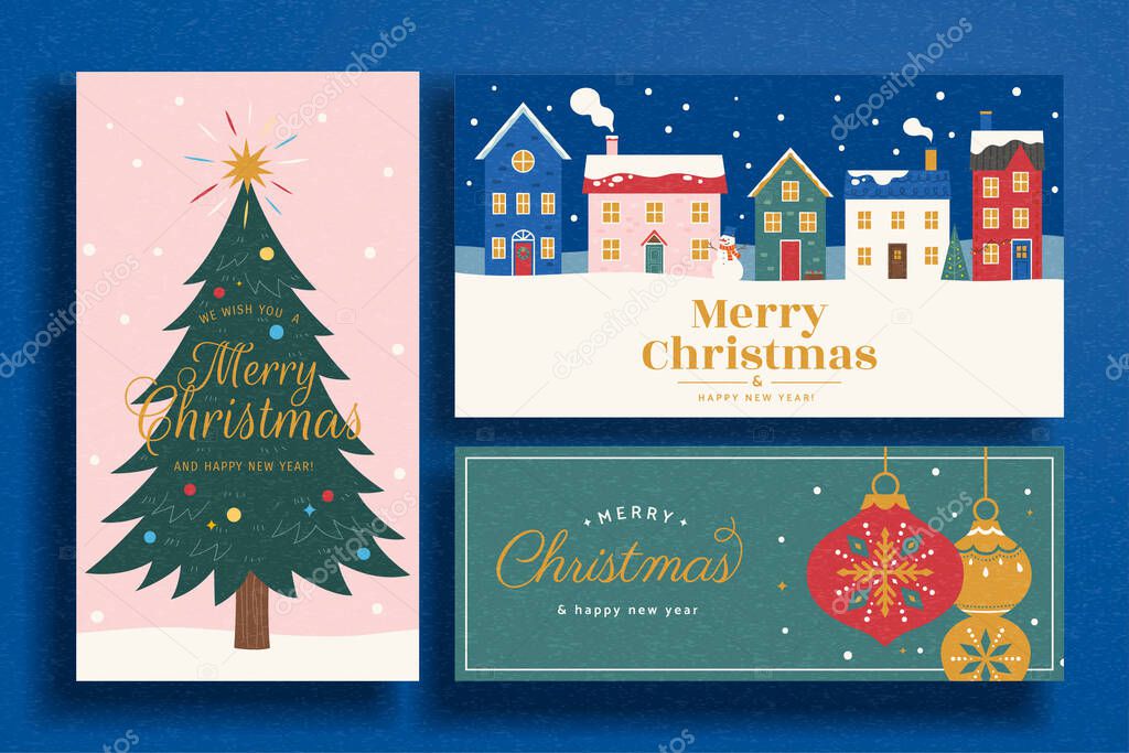 Set of Merry Christmas and happy new year cards and banners in hand drawn design. Suitable for invitation and web banner.