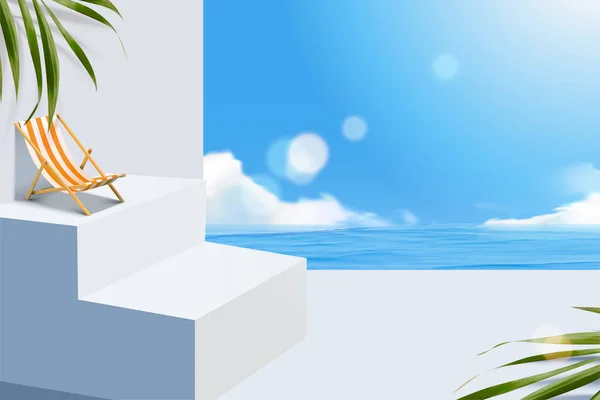 Escena Playa Mediterránea Con Plataforma Escalera Blanca Adecuado Para Visualización — Vector de stock