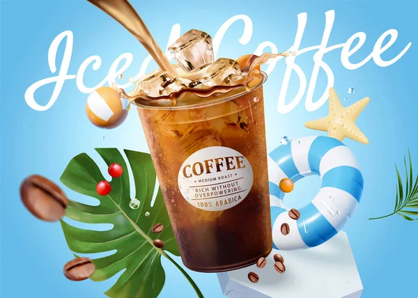 Plantilla Anuncio Café Helado Concepto Verano Taza Plástico Para Llevar — Archivo Imágenes Vectoriales