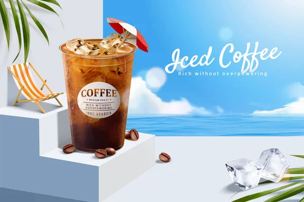 地中海のビーチシーンと3Dアイスコーヒー広告テンプレート コーヒー豆と熱帯の葉と白い階段に設定されたプラスチックテイクアウトカップ — ストックベクタ