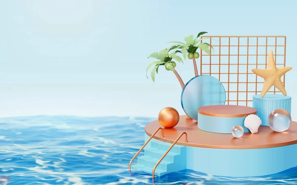 海の真ん中にかわいいおもちゃで3Dラウンド表彰台 エコフレンドリーで海の安全製品のための熱帯の島のテーマシーンデザイン — ストックベクタ
