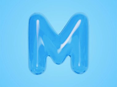 3d parlak şeffaf büyük harf M balonu çizimi, mavi arka planda izole.