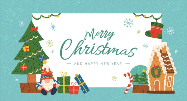 手描きメリークリスマスカード ジンジャーブレッドハウス クリスマスツリー サンタ人形や緑のフレーム上の贈り物とクリスマスの休日のバナー — ストックベクタ