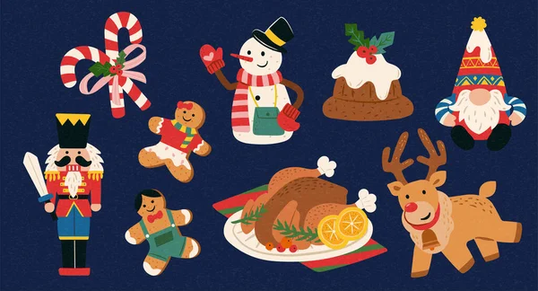 Mavi Arka Planda Izole Edilmiş Noel Yemeği Oyuncak Elementlerinin Toplanması — Stok Vektör